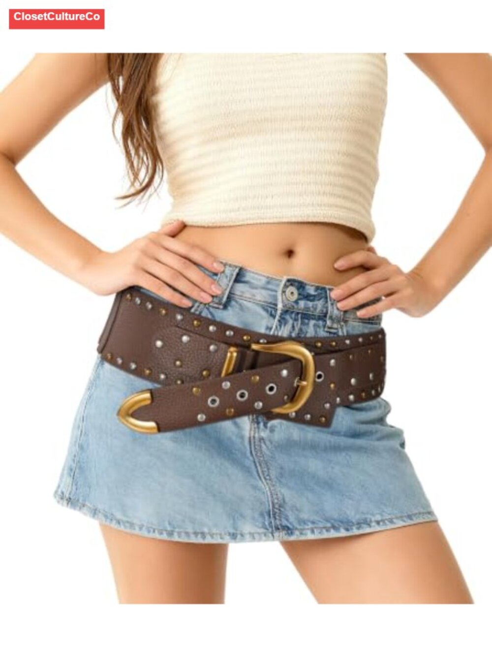 Women's Wide Studded PU Leather Waist Belt with Matte Gold Buckle